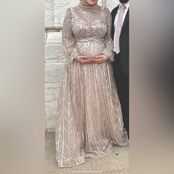 Dresses & Skirts - Beautiful long sleeve fully beaded beige/light tan gown fits size 14-16